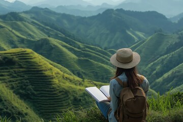 In a serene escape during summer, a joyful traveler finds peace in nature, immersing themselves in a good book while surrounded by vibrant green mountains and breathtaking scenery