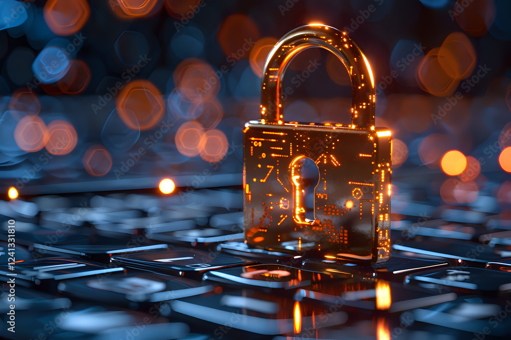 Poster glowing golden padlock on computer keyboard with bokeh lights background, symbolizing cybersecurity 