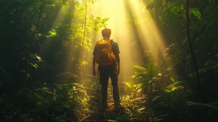 A lone hiker walks through a sunlit jungle path