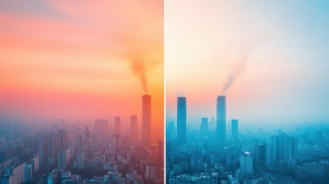 A side-by-side comparison of a city before and after PM 25 pollution, showing drastic changes in air clarity