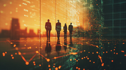 Group of business people silhouettes in modern office building and business network concept. Human resources with pastel innovation charts and graphs with statistics to analyze business