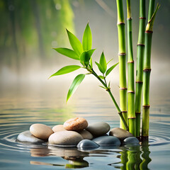 a bamboo plant and stones in water next to a bambo