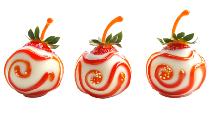 Three strawberries coated in white chocolate and decorated with red swirls, each garnished with a green leaf and a small orange stick.