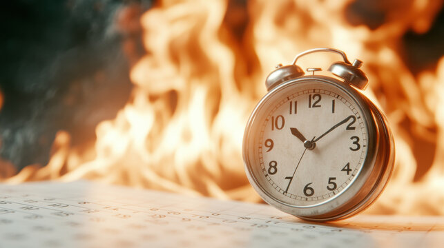 Vintage alarm clock on calendar with dramatic fire in background depicting urgency and time pressure concept