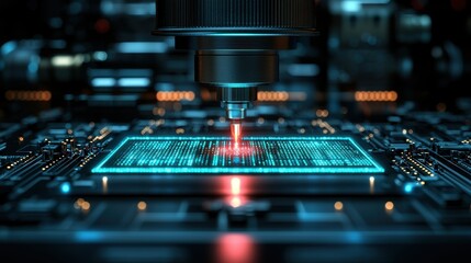High tech manufacturing process laser etching a microchip circuit board