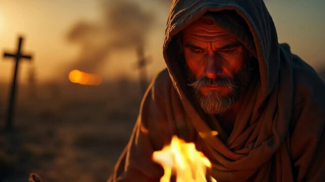 An cloaked man watches the flames of a purifying fire in the middle of a medieval cemetery.