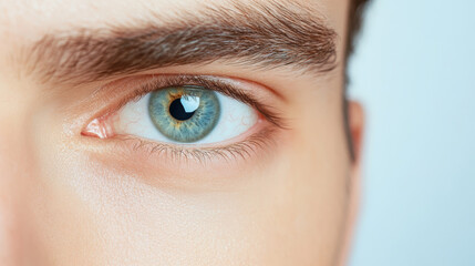 Fototapeta premium Close up of blue eyed adult Caucasian man, detailed eye portrait with focus on iris and eyelashes