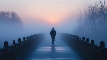 Fototapeta premium Solitary Figure Walking Bridge Misty Sunrise