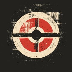 Vintage grunge circular design with a red central target-like symbol on a distressed dark background.