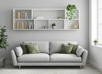 Modern living room interior with a grey sofa and white bookcase against a window, green pillows on a light gray carpet floor in a minimalist home design. Scandinavian style. Stock photo. High detail, 