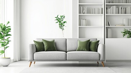 Modern living room interior with a grey sofa and white bookcase against a window, green pillows on a light gray carpet floor in a minimalist home design. Scandinavian style. Stock photo. High detail, 