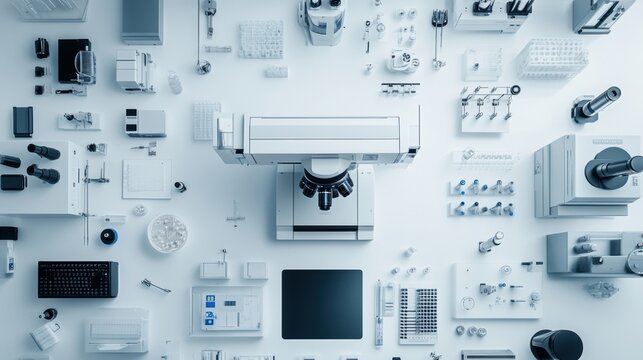 An overhead view of a particle analyzer situated within a modern laboratory environment with various laboratory tools and a microscope in the background. The analyzers compact design