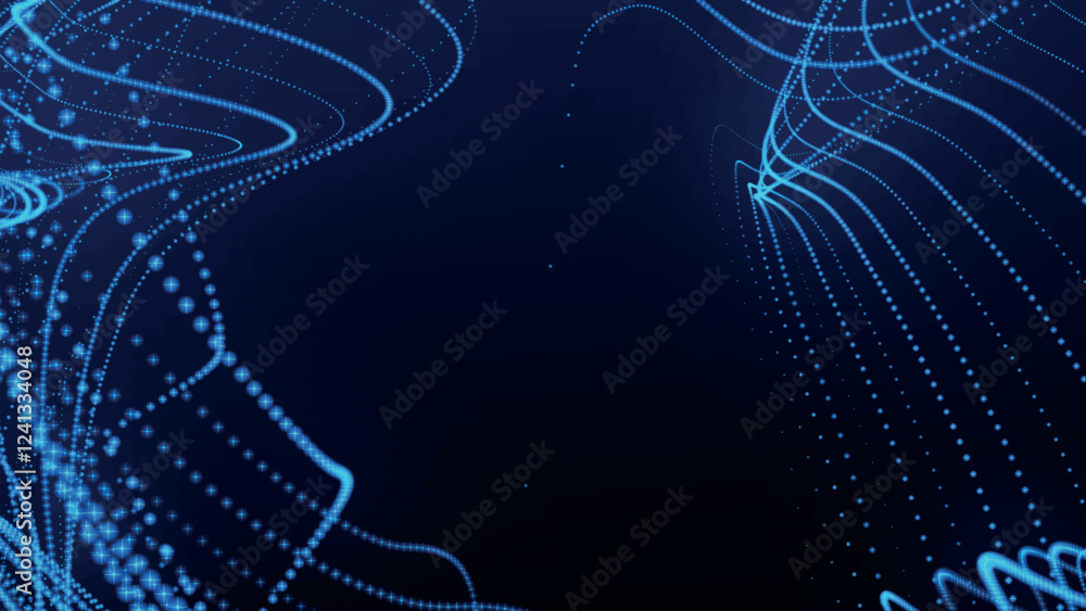 Poster dynamic wave of glowing particles. abstract dotted lines on dark background. chaotic colored lines. 