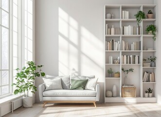 Modern living room interior with a grey sofa and white bookcase near a window. Scandinavian home design in light gray color, with green accents, in a minimalistic style, with empty space for text. 
