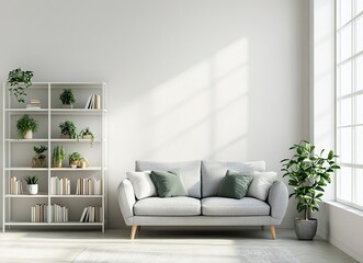 Modern living room interior with a grey sofa and white bookcase near a window. Scandinavian home design in light gray color, with green accents, in a minimalistic style, with empty space for text. 