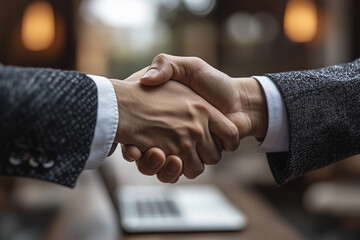 Businessman engages in handshake with Chinese partner in modern office, emphasizing collaboration in dropshipping and sales