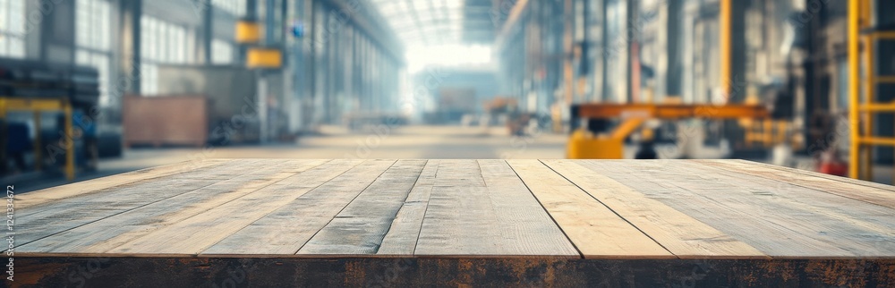 Poster a rustic wooden table in an expansive industrial warehouse showcasing an empty surface. the scene ca