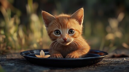 Adorable ginger kitten in a dish outdoors