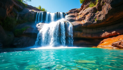 Naklejka premium Picturesque Waterfall Cascading into a Clear Pool