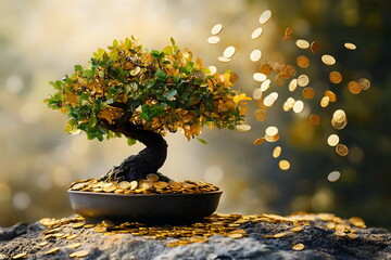 A golden money tree with coins on it