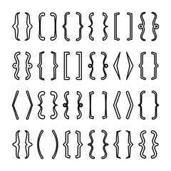Text brackets collection, black quotation box. Curly, square and corner parentheses. Vintage typographical symbol, calligraphic quote frame. Doodle, lettering element. Vector illustration