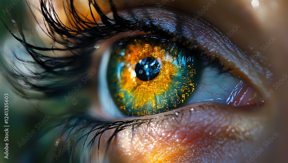 Poster extreme macro shot of mesmerizing multicolored eye with long eyelashes showing intricate iris detail