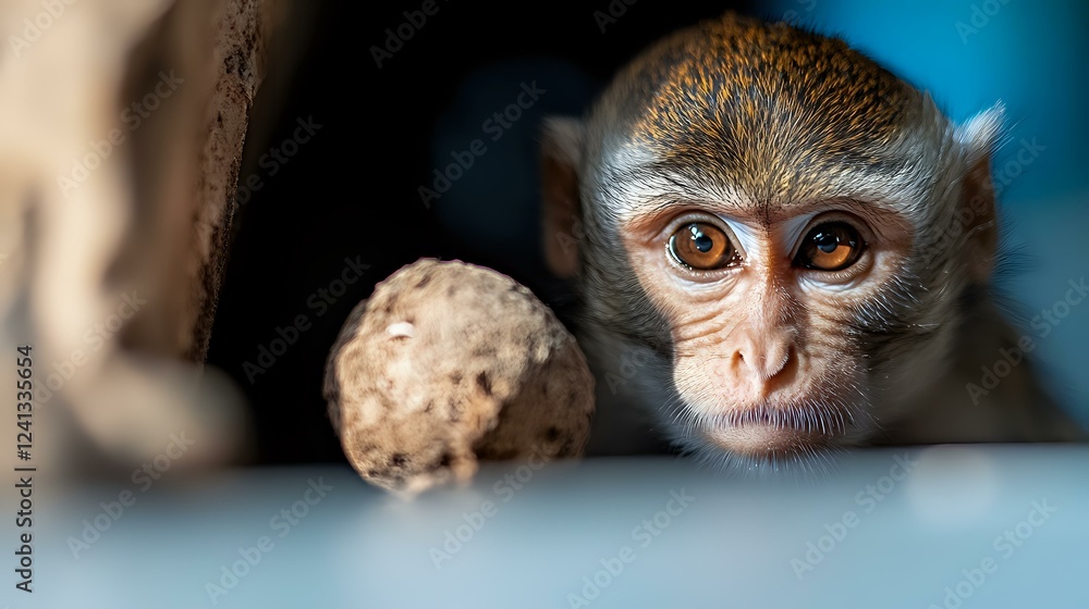 Poster young macaque monkey with curious expression peering through opening, close up portrait with soft bo