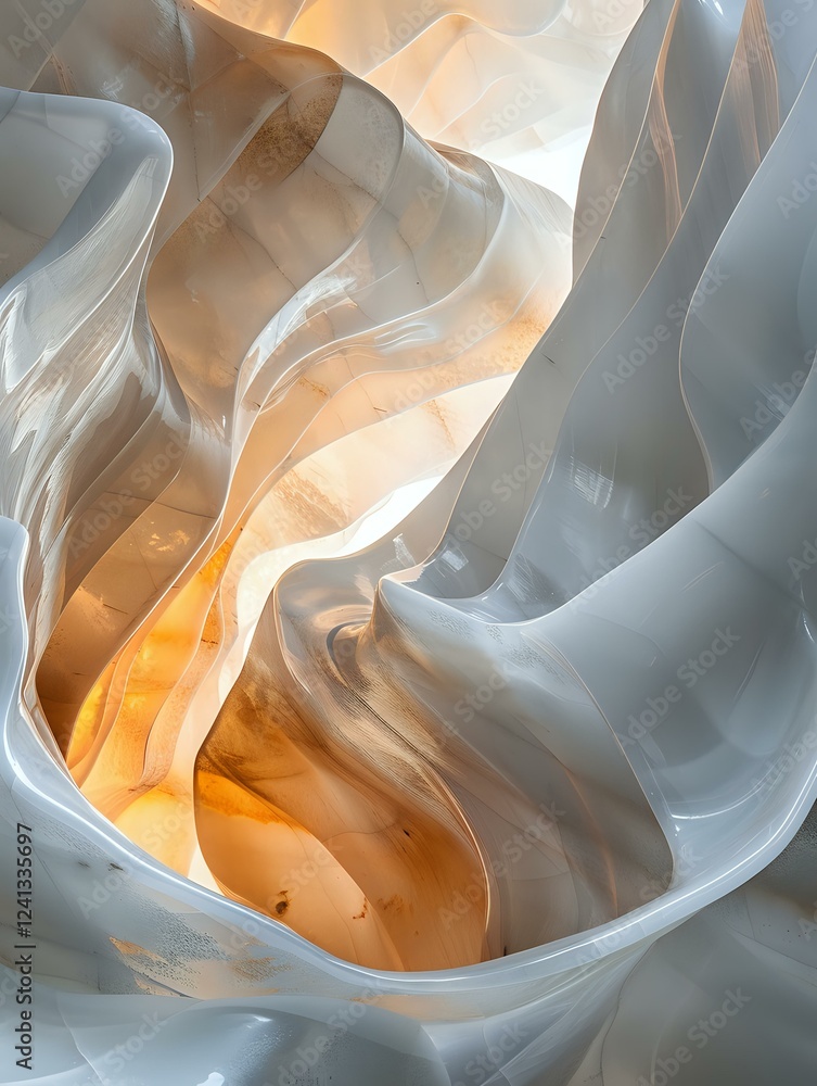 Poster flowing white fabric with warm glowing light creates abstract waves and curves, highlighting soft fo
