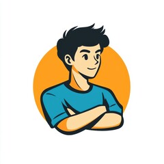 Modern cartoon-style portrait of a confident young man with black hair, folded arms, and a cheerful expression.