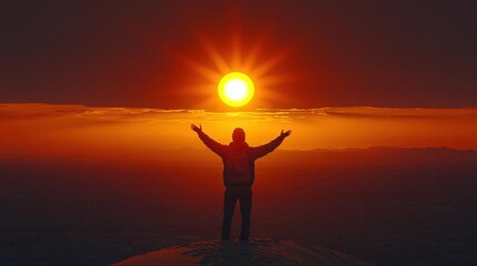Fototapeta premium Silhouette of Man with Arms Raised at Vibrant Sunset