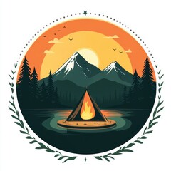 Obraz premium Circular camping illustration with a tent, bonfire, and mountains at sunset.