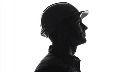 Profile silhouette of serious male engineer in hard hat, isolated on white background, focused expression, side view portrait, professional representation