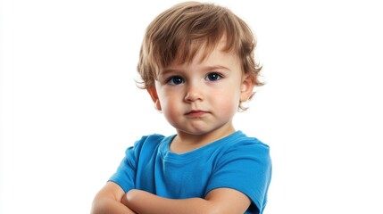 confident toddler boy with curly hair in bright blue shirt posing with crossed arms on bright white background showcasing innocence and determination