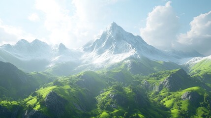 Obraz premium Top view of a lush green valley on a summer sunny day. Panoramic view with mountain ranges on the horizon. Nature background. Illustration for cover, card, postcard, interior design, decor or print.