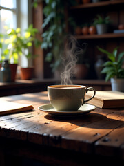 "Steaming Cup of Coffee on Rustic Wooden Table in Cozy Sunlit Library"