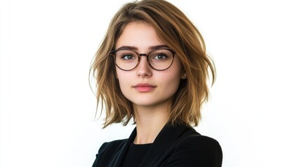 Obraz premium Confident young businesswoman with short wavy brown hair and stylish glasses, posing against a clean white background for professional portrait.