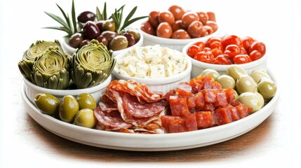 Famous Food of Italian concept. A vibrant antipasto platter featuring assorted meats, cheeses, olives, and vegetables.