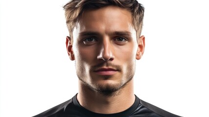 Obraz premium Professional portrait of athletic young man wearing black soccer jersey against bright white background, embodying commitment to sports and healthy lifestyle.