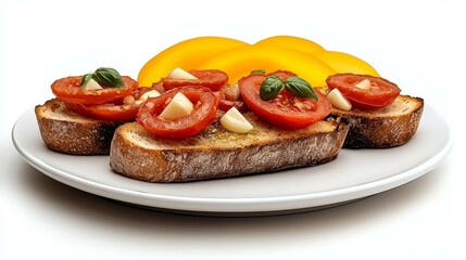 Famous Food of Italian concept. Delicious bruschetta with tomatoes and mango slices on a white plate.