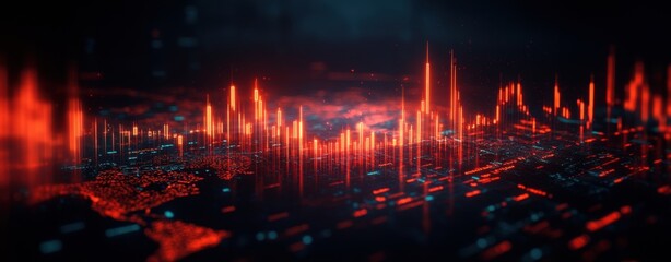 Abstract visualization of financial data, featuring stock market charts and candlestick diagrams overlaid on world map.