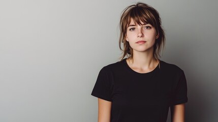 Obraz premium Studio portrait of a 20-year-old woman with medium brown hair wearing a casual black t-shirt against a soft gray background, exuding confidence and poise.