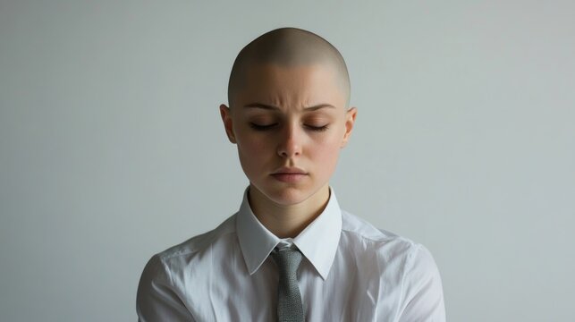 Bald young woman in a light button-up shirt and tie conveying deep emotions in a studio setting against a soft white background.
