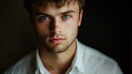 Fototapeta premium Serious portrait of a handsome young man with blue eyes wearing a white shirt against a dark backdrop capturing intense emotions and modern style.