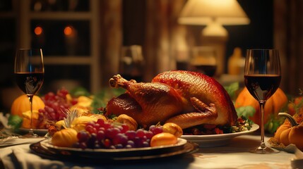 Homemade roasted chicken or turkey with autumn vegetables for thanksgiving family dinner feast on long dining table with glasses of wine in a cozy dining room at home. Happy Thanksgiving Day concept