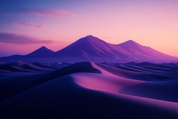 Purple sunset over desert dunes and mountains.