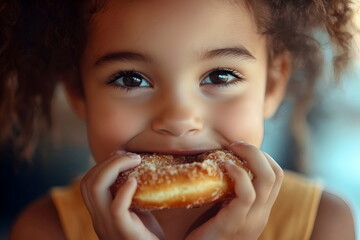 Closeup of a young girl biting into a doughnut