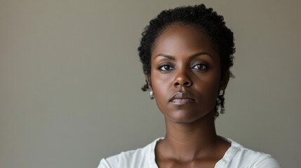 Obraz premium Confident black woman with natural hair standing indoors against a neutral backdrop, displaying a serious expression, conveying strength and determination.