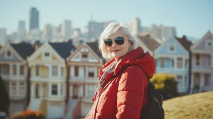 Obraz premium Senior woman traveler in red coat and sunglasses enjoying vacation in San Francisco, capturing photos of iconic painted lady houses on sunny hillside.