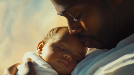 Emotional moment of a newborn baby boy peacefully resting in father's arms with warm light background showcasing intimate bonding experience