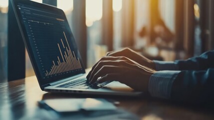 Businessman using laptop computer analyzing sales data and financial growth graph chart report.